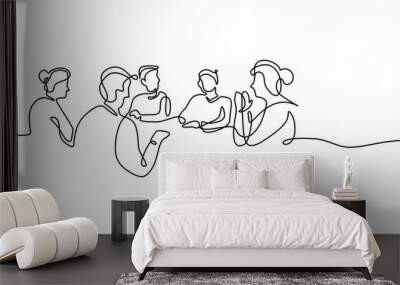 Business meeting continuous line drawing. Group of people woman and man talking and discussing a project. Wall mural