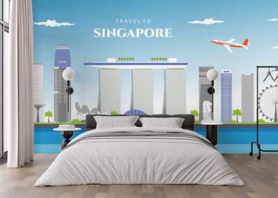 Cityscape of Singapore financial district in Panorama view with urban buildings, airplane and moving cloud sky at morning time, Singapore city, South East Asia. Vector illustration Wall mural