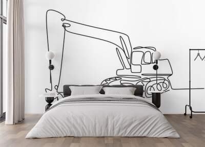 Continuous line art or one line drawing of construction backhoe vehicle. Heavy construction machinery concept. Excavator work isolated on white background. Vector design illustration Wall mural