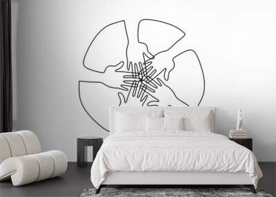 continuous line drawing group of hands people. Unity teamwork concept single ahdn drawn. Wall mural