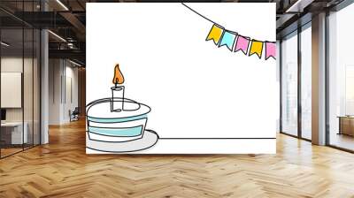 Continuous line drawing of birthday cake. A cake with sweet cream and candle. Celebration birthday party concept isolated on white background. Hand drawn vector design illustration Wall mural