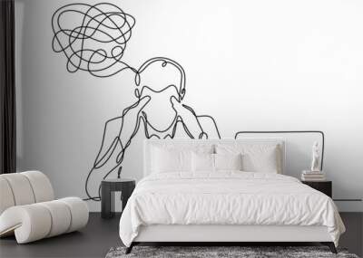 continuous line drawing of depressed man with problem in mind, vector illustration businessman has trouble and stress with his job in office. Wall mural