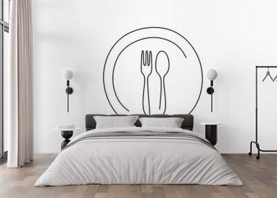 Continuous line drawing of food symbol. Sign of plate, knife, and fork. Minimalism hand drawn one line art minimalist vector illustration. Dinner theme with creative sketch contour. Wall mural