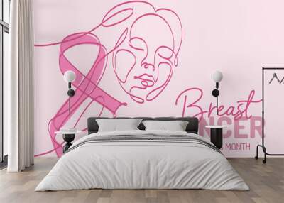 Continuous one line art background of National Breast Cancer Awareness month with pink ribbon and abstract woman face isolated on pink background. Wall mural