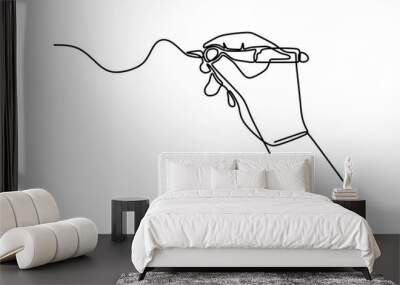 Continuous one line drawing hand palm fingers gestures pen, pencil. Ballpoint in hand. Writing or drawing with ink pen. Vector illustration minimalist design isolated on white background. Wall mural