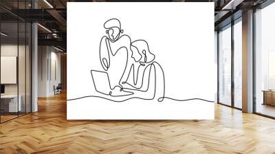 Continuous one line drawing of business briefing and instruction. Man and his secretary with laptop. Wall mural