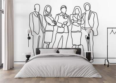 Continuous one line drawing of business people standing with gentle and confident pose. Minimalism design vector illustration simplicity style of businessman and businesswoman.. Wall mural