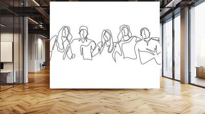 Continuous one line drawing of diversity concept of people with minimalism hand drawn. Vector man and woman in the group of five persons in different age and gender. Simplicity design illustration. Wall mural