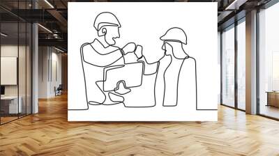 continuous one line drawing of young architect discussing construction design with foreman manager with minimalist design isolated in white background Wall mural