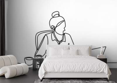 Continuous single drawn one line of woman with laptop. A young girl sitting and focus on her computer while typing on the keyboard. She home freelancer finishing job in her room. Vector illustration Wall mural