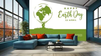 Earth day background banner poster with globe on green white color. Wall mural