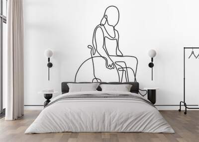 Female person on wheelchair continuous line drawing. concept of disability person sitting. Wall mural