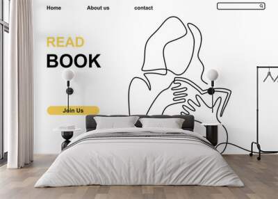 Girl reading a book continuous one line hand drawn minimalism style. Young woman enjoy read a book. Character little girl with book isolated on white background. Education concept. Vector illustration Wall mural