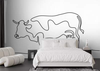 Grazing cow in continuous line art drawing style. Farm animal concept. Cow on pasture minimalist black linear sketch isolated on white background. Vector cattle sketch illustration Wall mural