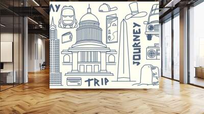 Hand drawing doodle travel elements trip to america with tourist equipment, tower, sky scrapper, car, museum liberty, compass isolated on white background. Wall mural