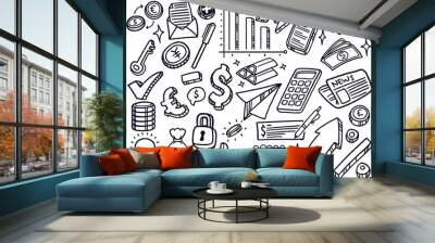 hand drawn doodle business marketing symbol set elements black white style for Banking and finance. Wall mural