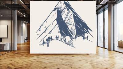 Hand drawn of two big rock Mountain with small pine trees in the mountains. Perfect for banner, poster and sticker. Wall mural