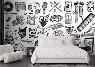 Hand drawn set of rock music doodle music instruments in doodle style isolated on white background. Wall mural