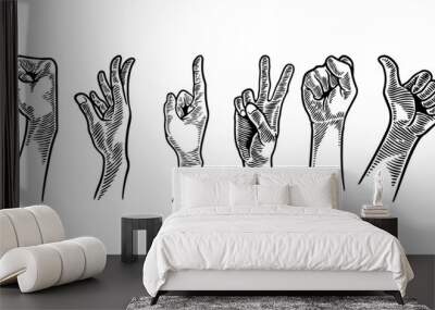 Hand gesture set collections. Vector illustration hand drawing sketch engraving style. Vintage black and white ink colors. Wall mural