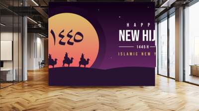 Happy new hijri year 1445 background with moon, star, mosque, arabic letter, people on camel on desert at night. Islamic banner poster. Wall mural