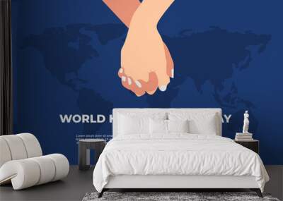 Happy world humanitarian international day banner poster with earth map and hand hold hand on blue background. Wall mural