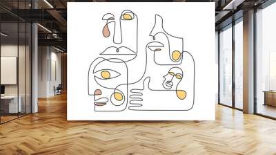 Modern continuous line art of ancient man abstract, family person hand drawn. Contemporary abstract one line continuous drawing faces and hand. Minimalism boho art. Wall mural