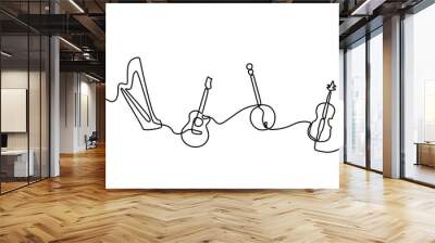 One continuous line drawing of jazz instrument. Musical tools of electric guitar, trumpet, violin, bass, and saxophone. Classical music instrument concept line drawn by hand on a white background Wall mural