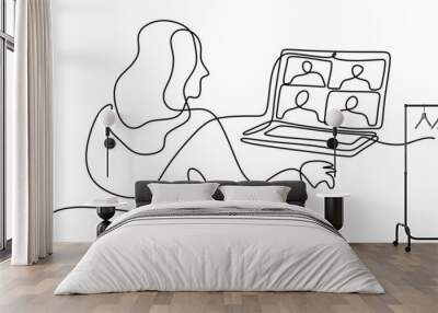 One continuous line drawing of teen girl school student wear headphone and watch video online webinar learn on laptop. Distance E-learning course video conference pc call in bedroom at home. Wall mural