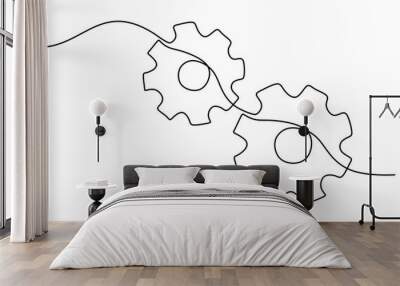 One continuous single line hand drawing of two gears isolated on white background. Wall mural