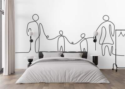 One continuous single line of four family member isolated on white background. Wall mural