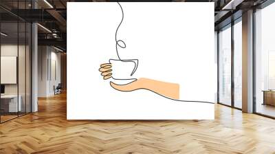 One continuous single line of hand drawn with hand hold a cup of coffee isolated on white background. Wall mural