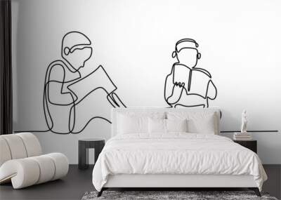 One continuous single line of two little boys reading book isolated on white background. Wall mural