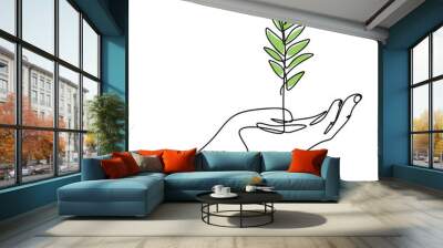 One line drawing of sprout in hand. Seedlings grow in the hands of trees. Environment Earth Day single line vector art. Concept of growing and love earth. Hand-drawn illustration. Vector Wall mural