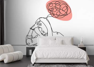 One line drawing of woman have problem and headache. Vector of a student girl doing examination. Wall mural