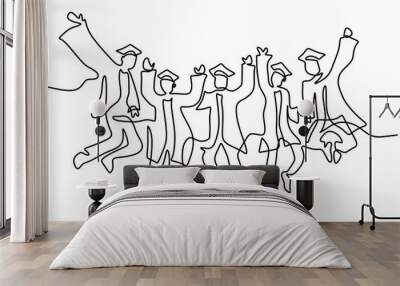 One line drawing of young happy graduate male and female college student jumping hand drawn continuous line art minimalism style on white background. Celebration concept. Vector sketch illustration Wall mural