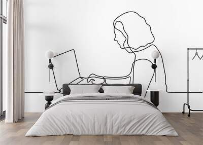 Person working with laptop. Continuous one line drawing. Single hand drawn minimalism style. Wall mural