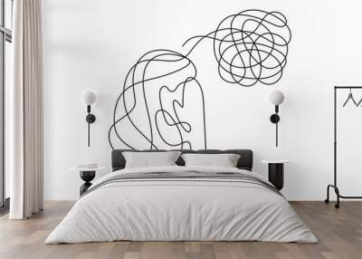 Sad, unhappy young woman continuous line drawing. Psychology problem with stress depression and bad mood. Minimalist vector illustration outline stroke style. Wall mural