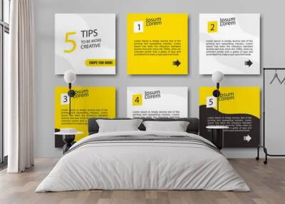 Set of 6 square banners with sample text. Yellow, white and black colors for social media post grid templates. Heading, post and quote frames. Feed layout. Presentation, brochure, card design. Wall mural