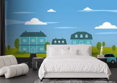 Suburban neighborhood houses landscape, vector illustration small town decoration. Wall mural