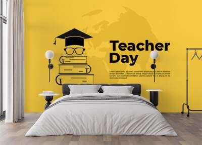 Teacher day background with world map, hat, glasses and books. Wall mural