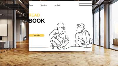 Two children read book continuous line drawing minimalism style. Two little boy read a book to study together. Back to school theme isolated on white background. Vector illustration Wall mural