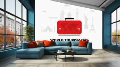 World tourism day background banner poster with red suitcase and tourist icon building on september 27. Wall mural