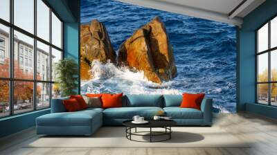 Blue Waves Crashing On Rocks In Vietnam Coastal. Wall mural