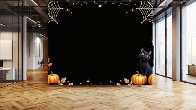 The image is a dark Halloween-themed border with a black cat perched on top of two pumpkins There are also Wall mural