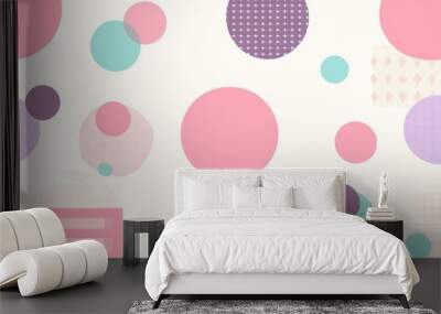 The image is a white background with various pastel-colored circles and shapes The circles are in pink blue and purple and the shapes are a diamond pattern a grid pattern Wall mural