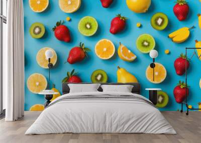 Fresh Fruit Pattern: A vibrant and colorful display of various fruits arranged in a repeating pattern. Wall mural