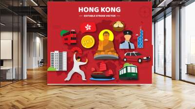 Hong Kong Travel flat icons set. Hong Kong elements icon map and landmarks symbols and objects and cuisine collection vector Illustration. Wall mural