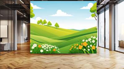 a green landscape with flowers and trees Wall mural