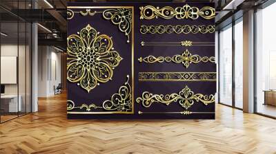 a set of golden decorative elements on a black background Wall mural