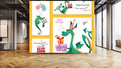 Set of 4 universal cards with dragon. Template. Happy birthday! Children’s party, congratulations. Wall mural